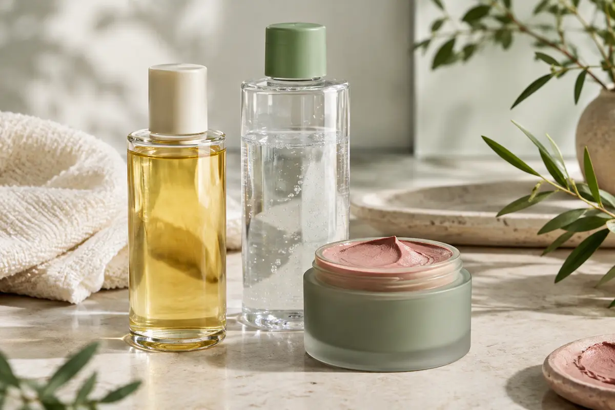 Huiles, eau micellaire et baume démaquillant alignés sur une tablette claire