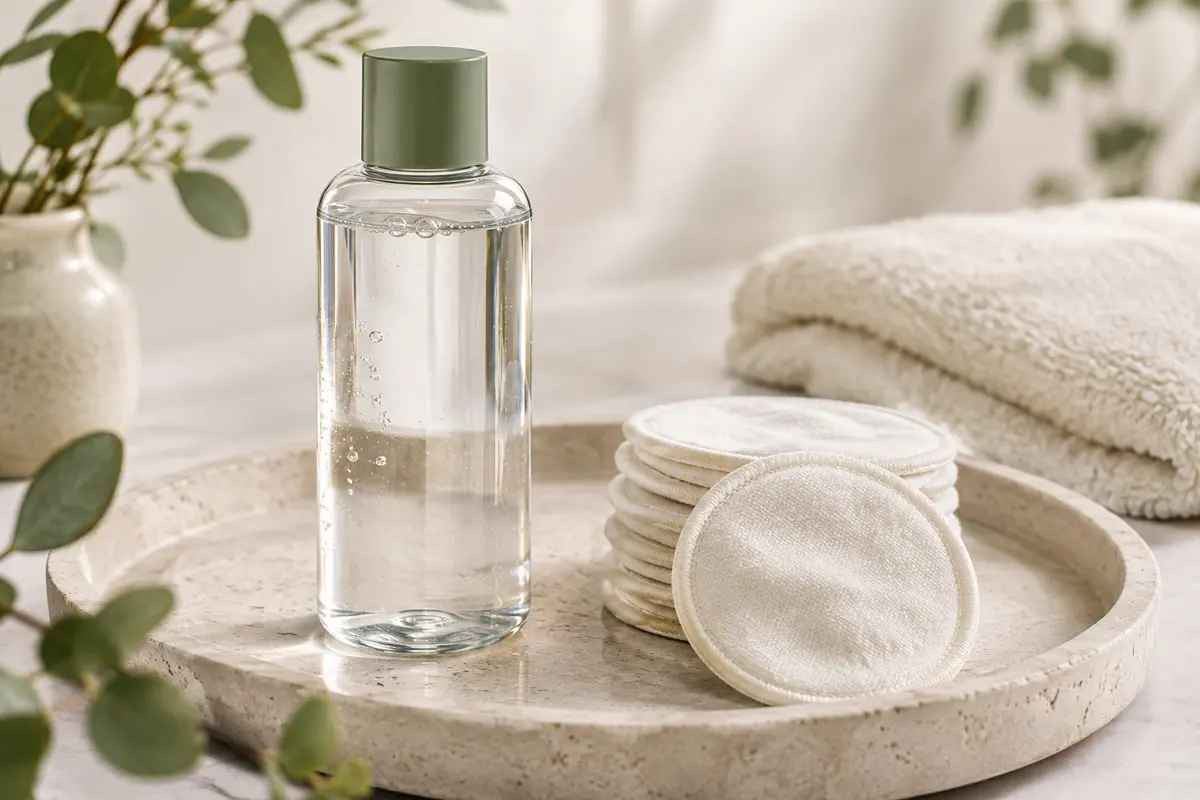 Bouteille d’eau micellaire et cotons réutilisables sur une pierre claire