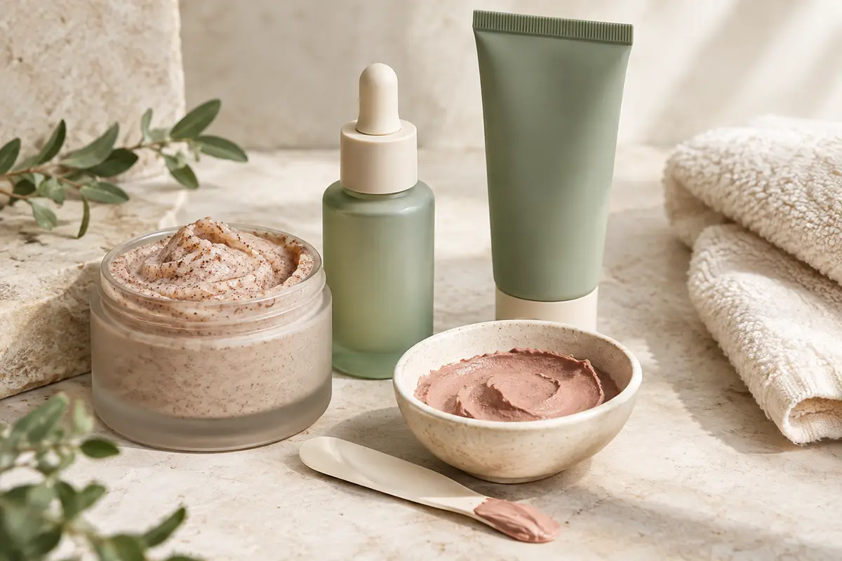Gommage, peeling et masque visage présentés sur une surface en pierre claire