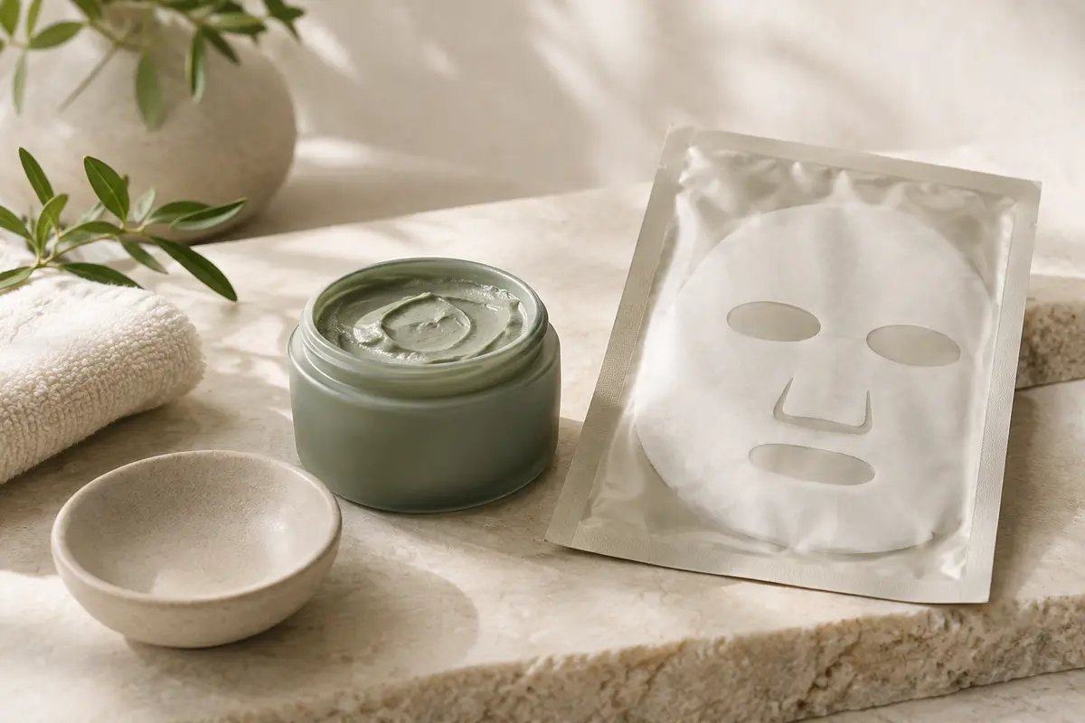 Pot de masque visage et masque en tissu présentés sur une tablette claire