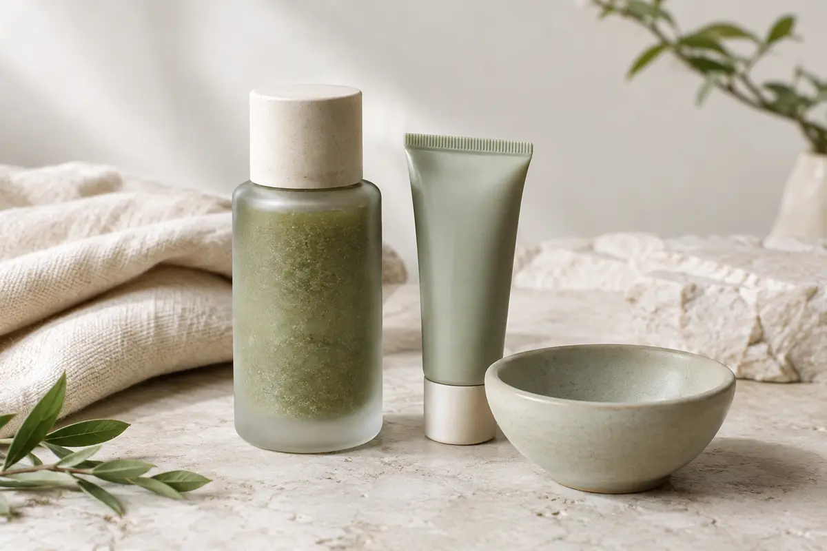 Flacon de peeling visage et tube posés sur une surface en pierre claire