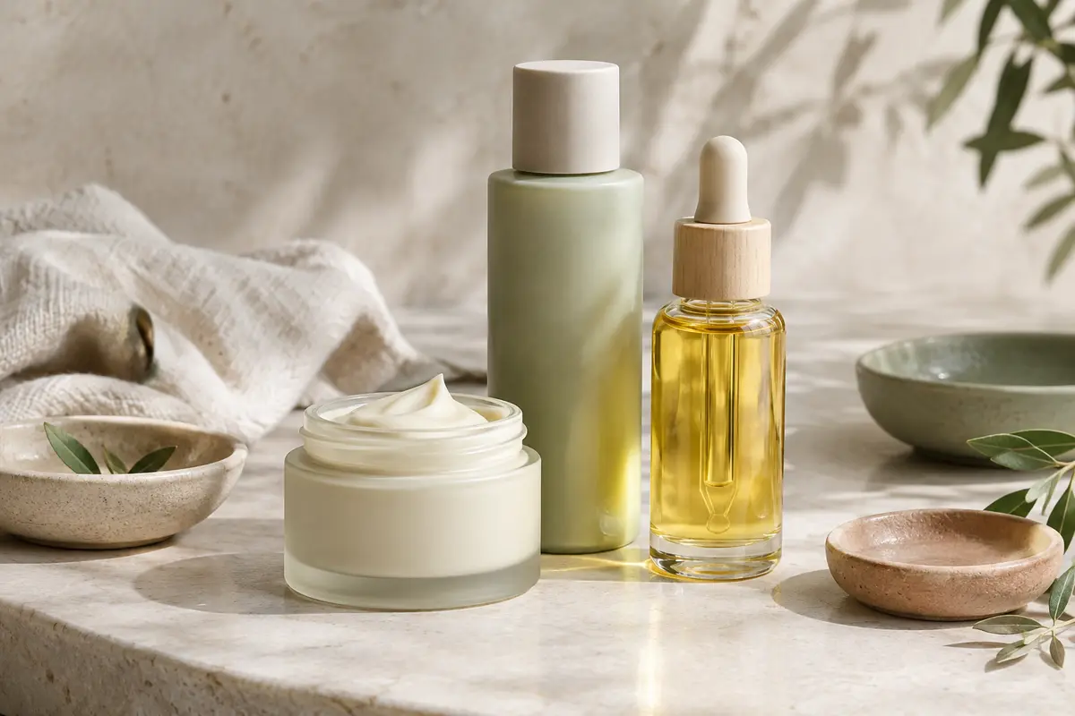 Crème, lotion et huile visage présentées ensemble sur une tablette claire