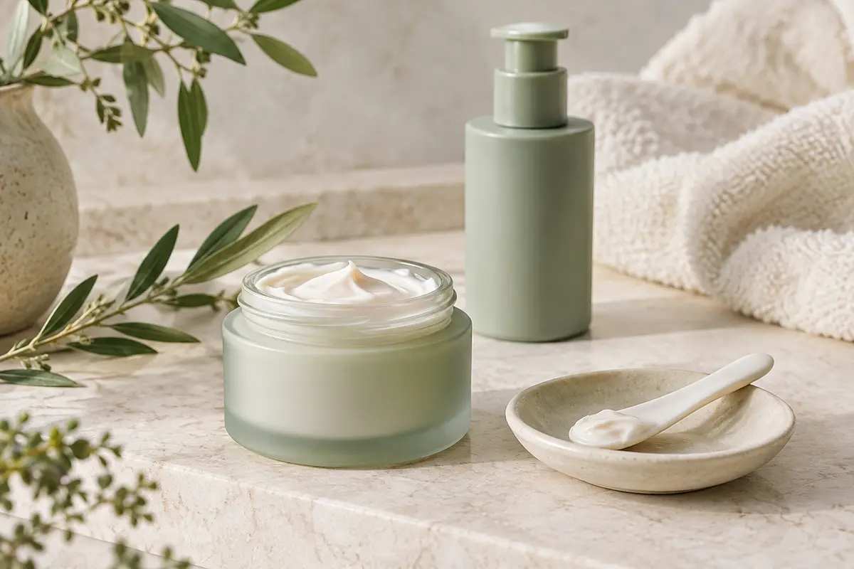 Pot ouvert de crème hydratante visage avec une spatule en céramique