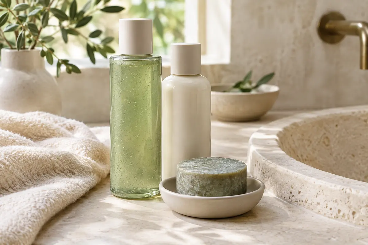 Gel, lait et pain nettoyant visage disposés sur une vasque claire