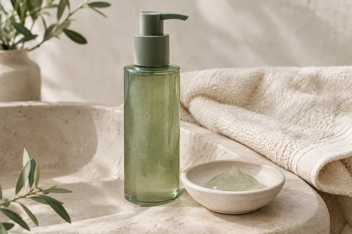 Flacon de gel nettoyant visage sur une vasque en pierre crème