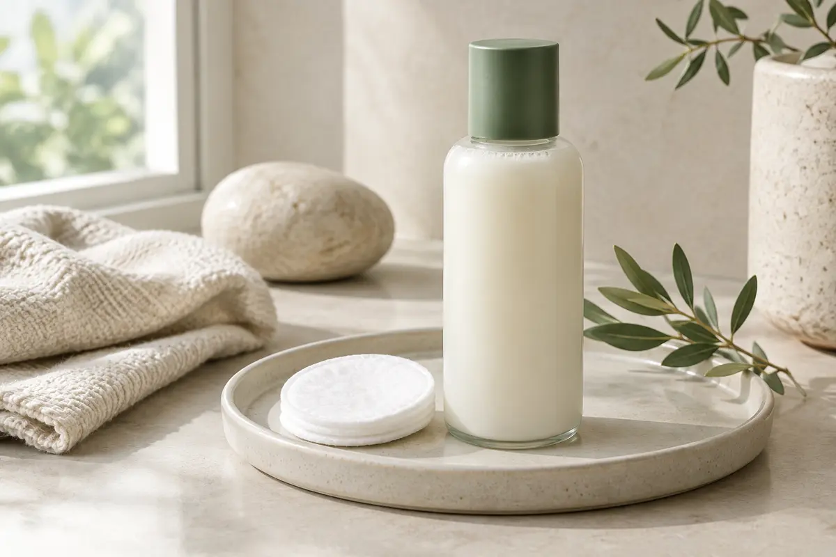 Flacon de lait nettoyant visage et coton sur un plateau en céramique