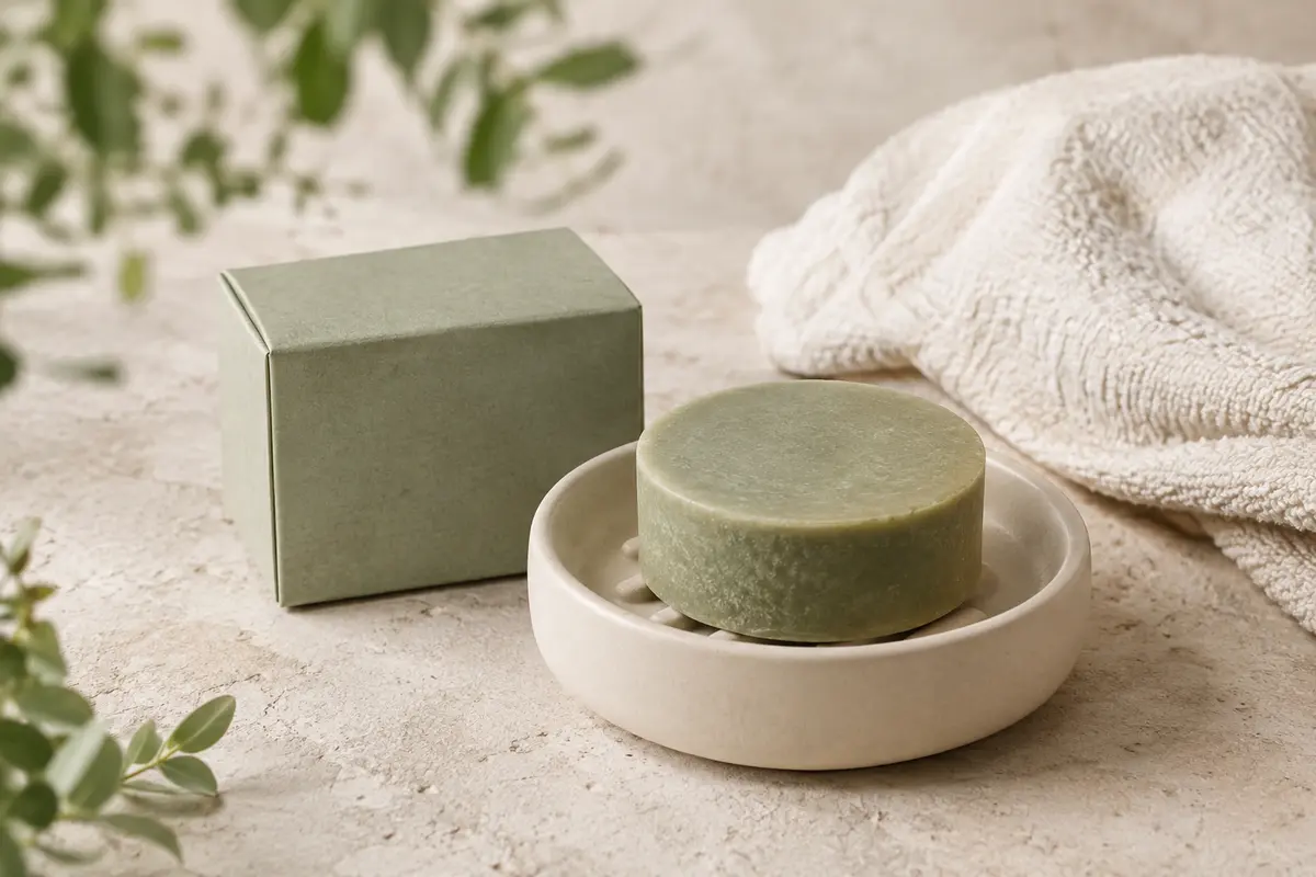 Pain nettoyant visage dans un porte-savon en céramique claire