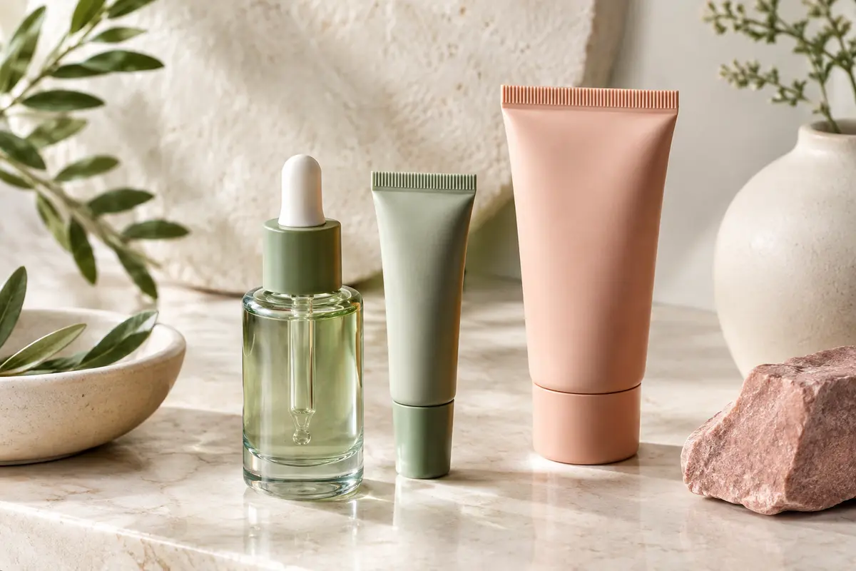 Sérum, soin contour des yeux et protection solaire sur une tablette claire