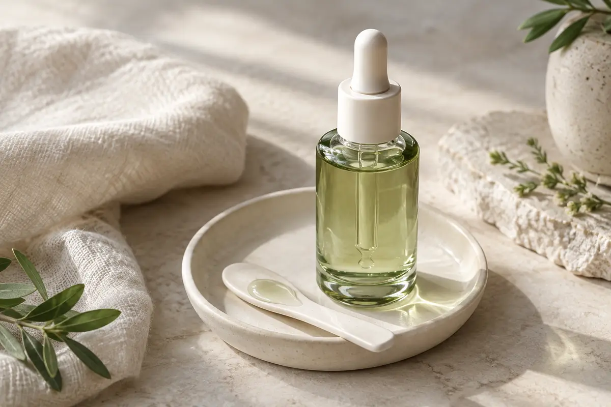 Flacon pipette de sérum visage posé sur une coupelle en céramique