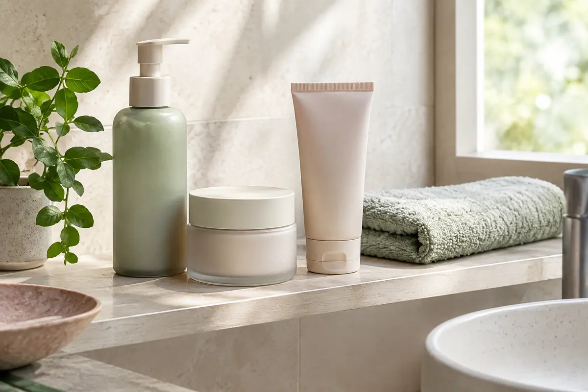 Soins du visage sans marque disposés dans une salle de bain lumineuse pour illustrer une routine simple