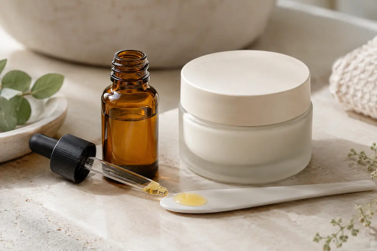 Flacon d’huile visage et pot de crème hydratante réunis sur une surface claire.