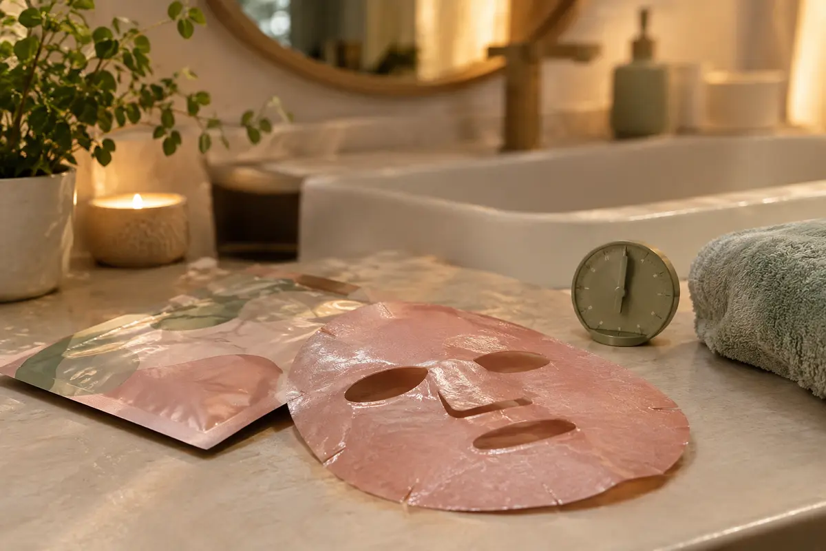 Masque visage et minuteur posés près d’une serviette dans une salle de bain éclairée le soir