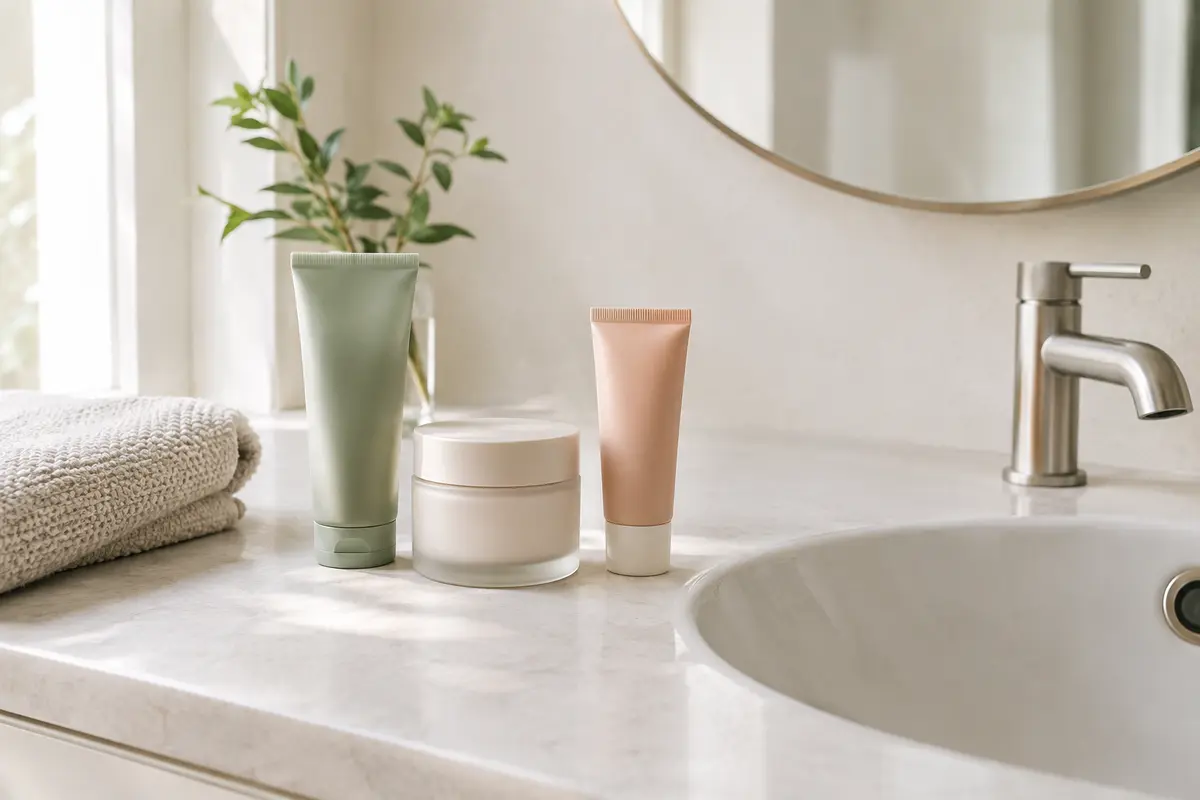 Nettoyant, crème hydratante et protection solaire disposés près d’un lavabo lumineux