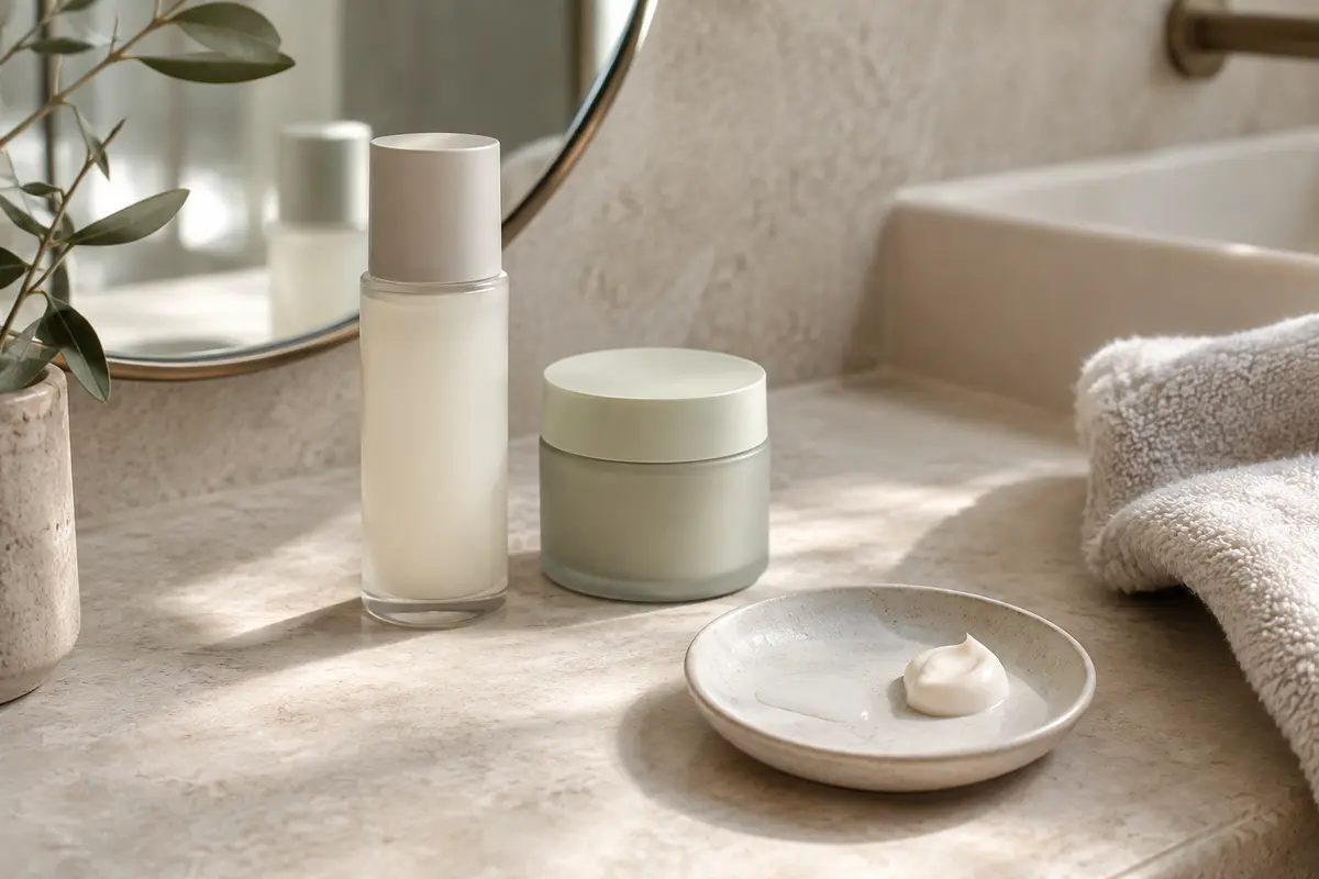 Flacon de lotion et pot de crème neutres illustrent la comparaison des textures hydratantes pour le visage.