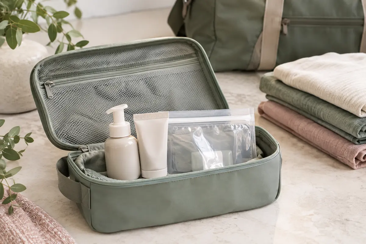 Trousse de voyage contenant une crème hydratante en tube et une pochette étanche