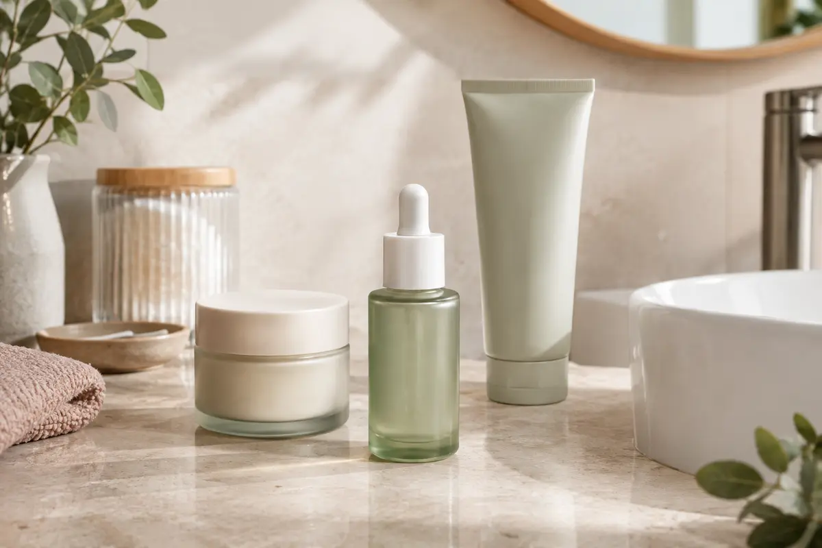 Flacon de sérum posé près d’une crème et d’un nettoyant dans une routine de soins du visage.