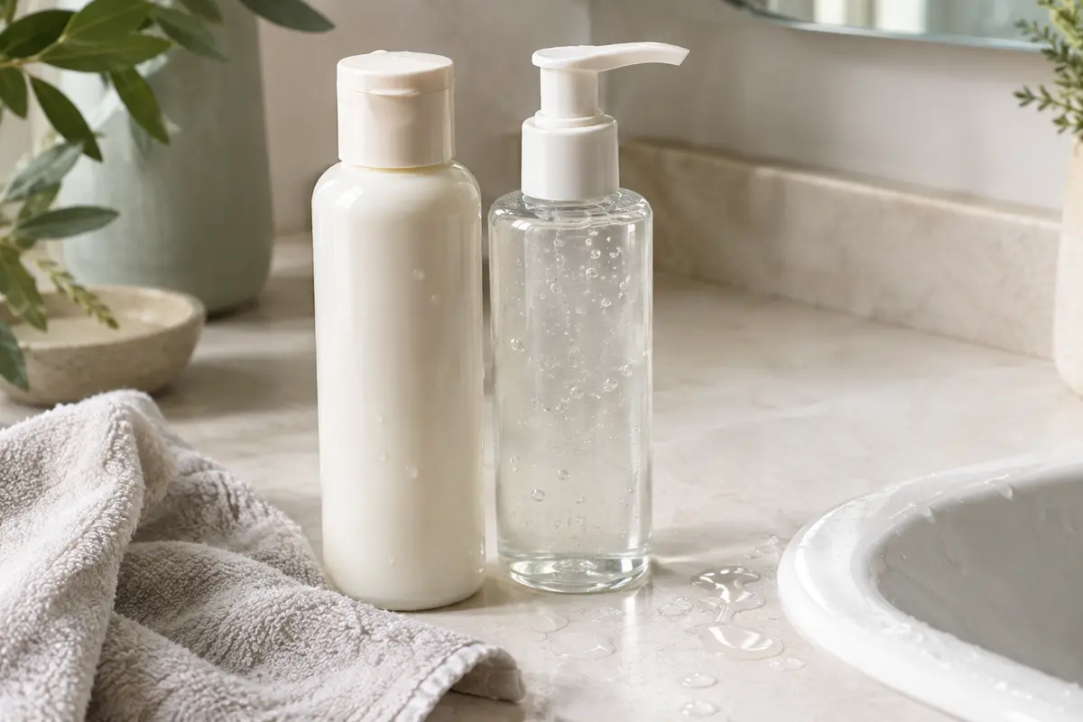Un lait nettoyant et un gel visage génériques posés près d’un lavabo avec un linge propre.