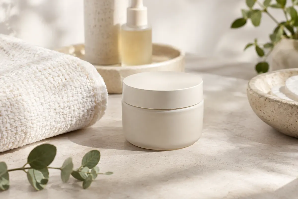 Pot neutre de crème hydratante visage posé sur une surface claire avec une serviette