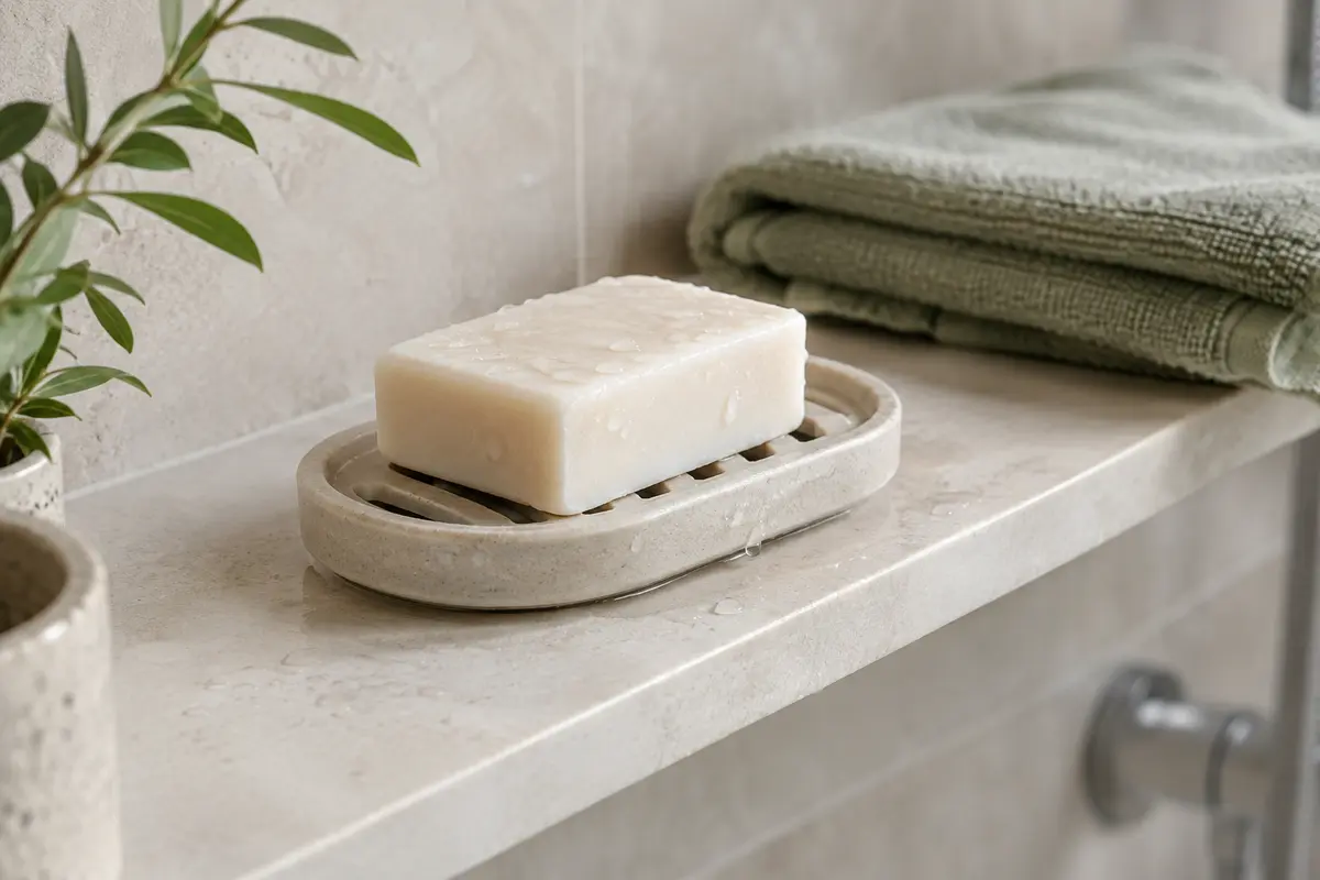 Nettoyant solide posé sur un porte-savon drainant, à l’écart des projections de la douche.