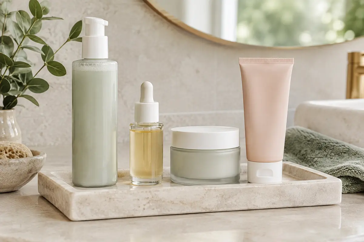 Nettoyant, sérum, crème hydratante et protection solaire disposés dans l’ordre sur une tablette claire.