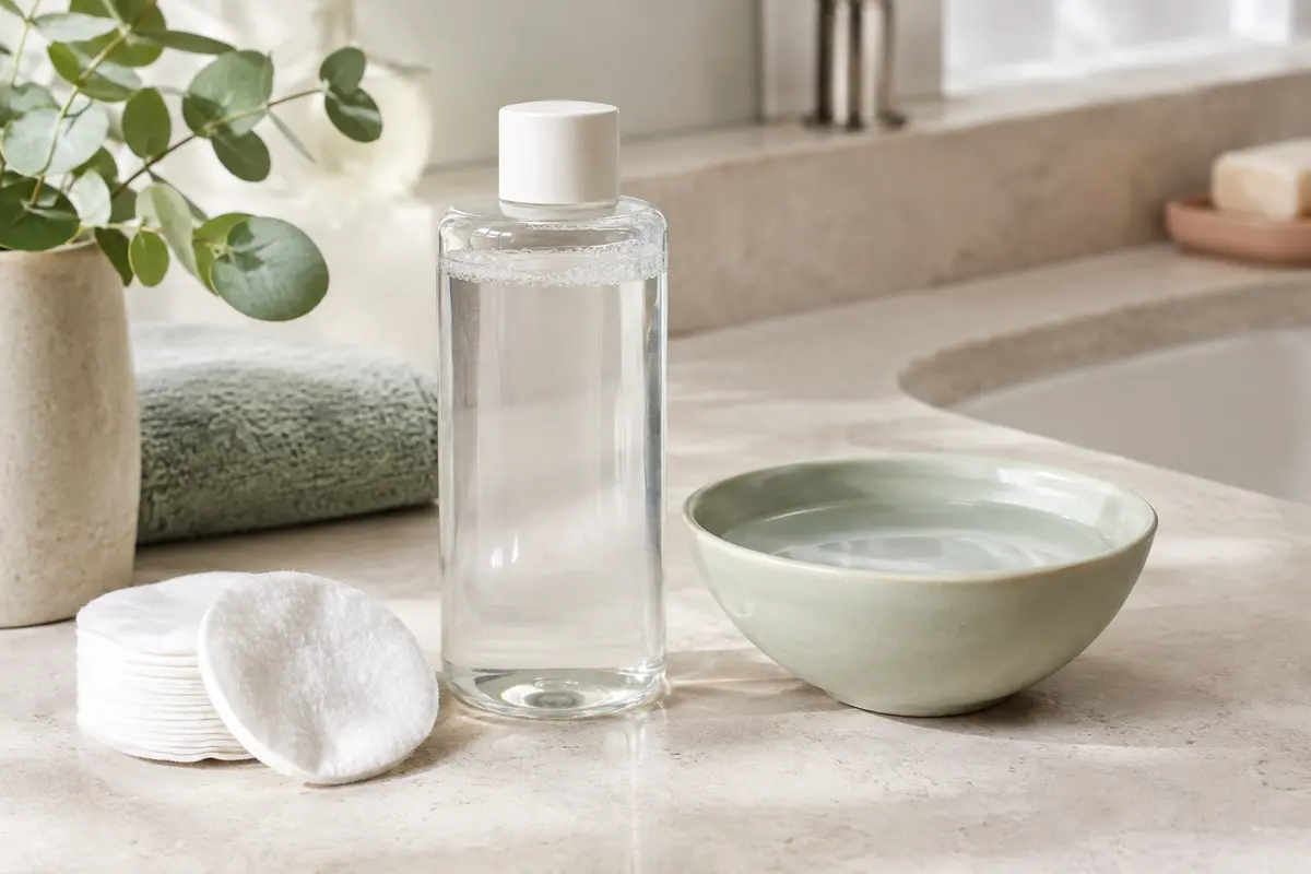 Flacon neutre d’eau micellaire, cotons propres et bol d’eau claire sur un plan de toilette