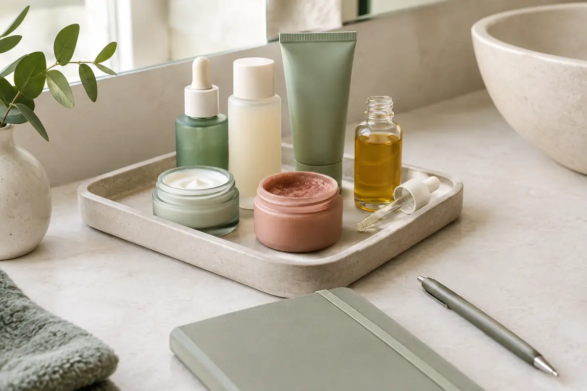 Produits de soin du visage ouverts triés sur un plateau à côté d’un carnet d’inventaire