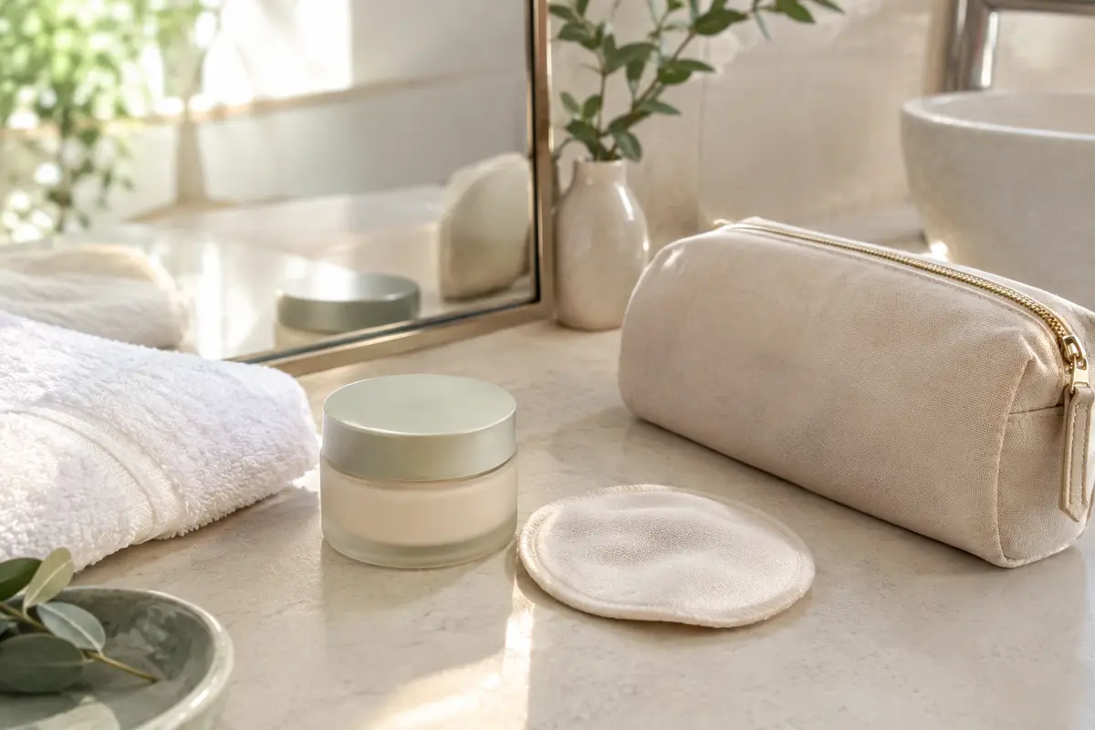 Pot fermé de soin contour des yeux posé près d’un étui neutre dans une salle de bain lumineuse.