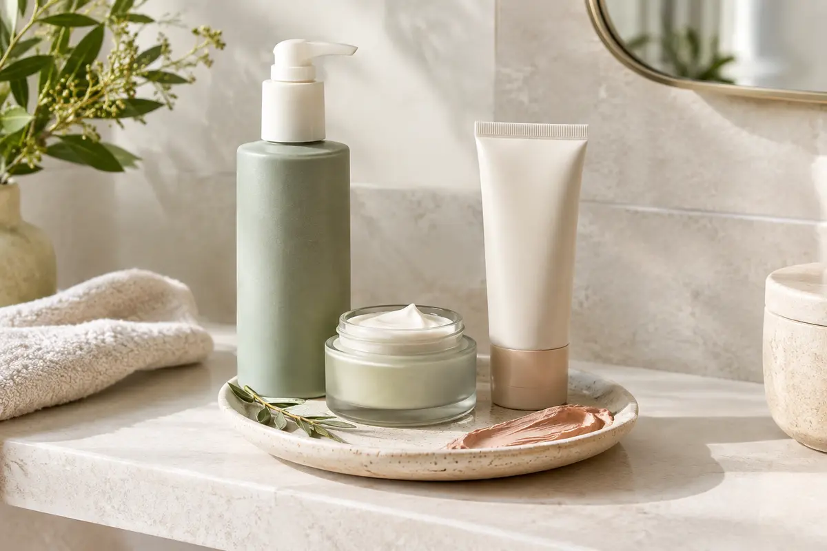 Soins du visage et textures variées disposés sur une étagère claire dans une salle de bain lumineuse
