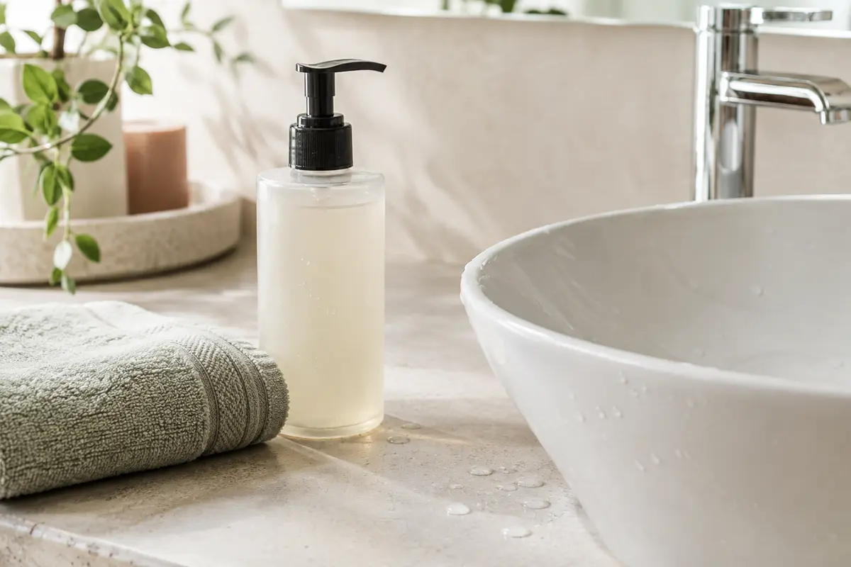 Flacon de gel nettoyant et serviette propre posés près d’un lavabo après le sport