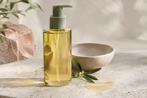 Flacon d’huile démaquillante pour le visage posé sur une pierre claire, près d’une touche de texture huileuse.