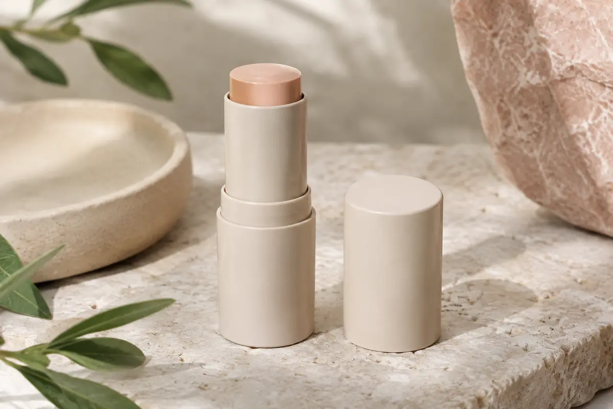 Stick cosmétique à l’acide salicylique posé sur une pierre claire, avec son capuchon à côté.