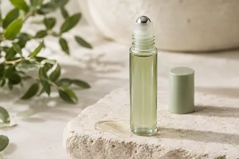 Sérum contour des yeux en gel avec applicateur roll-on posé sur une pierre claire