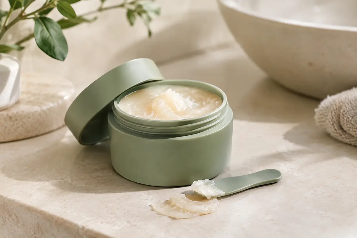 Pot de baume démaquillant à la texture sorbet posé sur une pierre claire avec sa spatule.