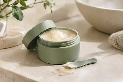 Pot de baume démaquillant à la texture sorbet posé sur une pierre claire avec sa spatule.