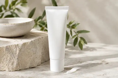 Lotion solaire visage en contenant blanc posée sur une pierre claire dans une lumière douce