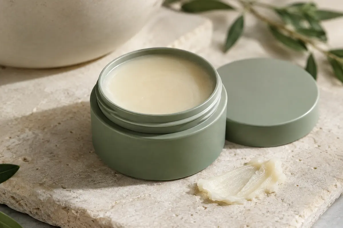 Baume démaquillant solide à la texture sorbet présenté ouvert sur une pierre claire