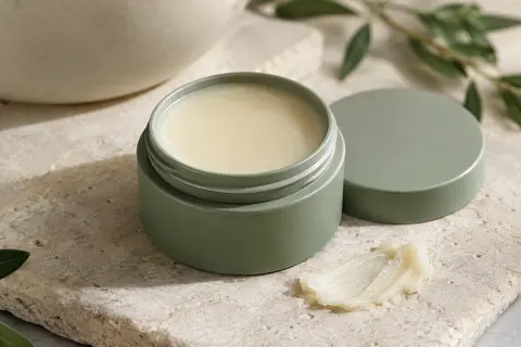 Baume démaquillant solide à la texture sorbet présenté ouvert sur une pierre claire