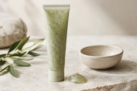 Gel exfoliant à la fleur d’abricot présenté près d’une noisette de texture sur pierre claire.