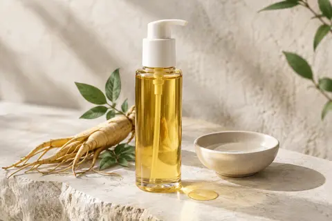Flacon doré d’huile démaquillante au ginseng posé sur une pierre claire avec une goutte de produit