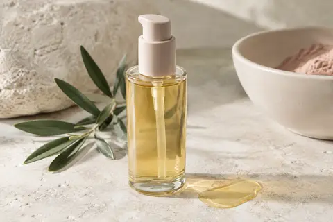 Huile nettoyante au ginseng présentée sur une pierre claire avec une texture fluide