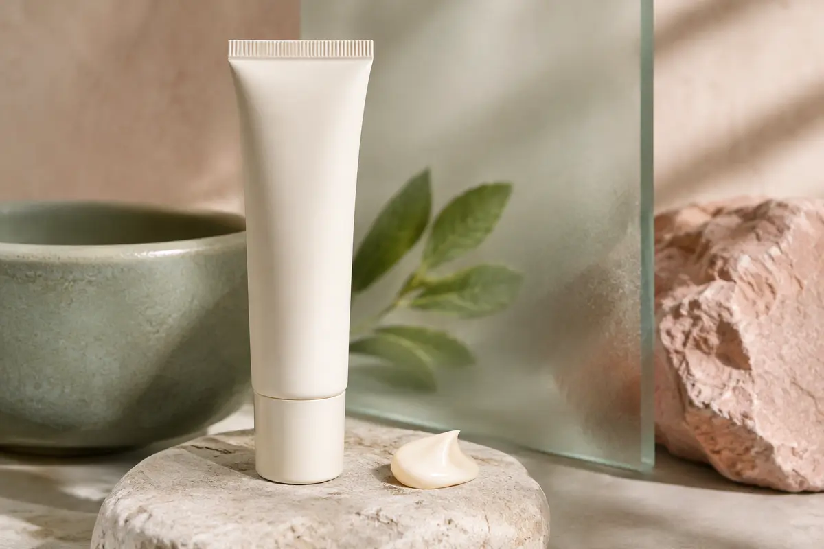 Crème solaire visage en tube élancé, posée sur pierre claire avec une touche de texture crème.