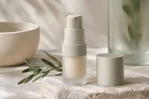 Sérum contour des yeux au ginseng et au rétinal posé sur une pierre claire près d’un verre dépoli.