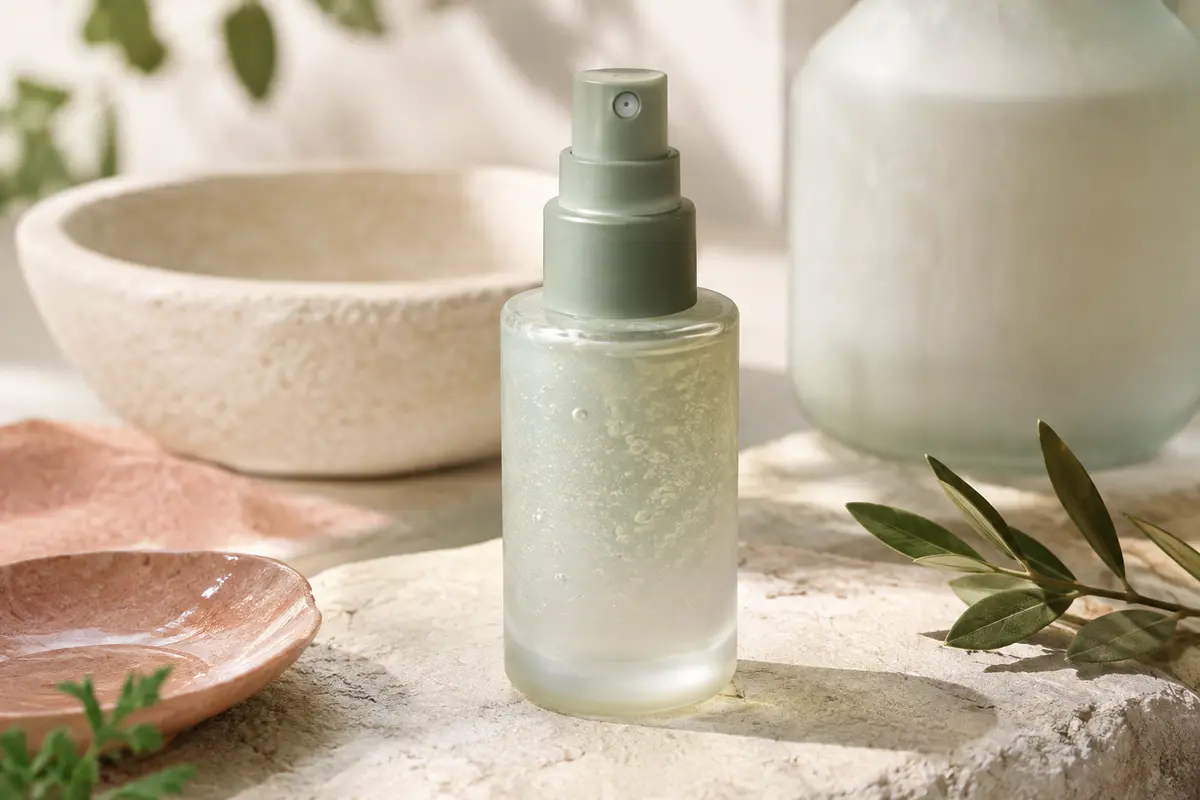 Brume-sérum gel au collagène dans un flacon vaporisateur posé sur une pierre claire.
