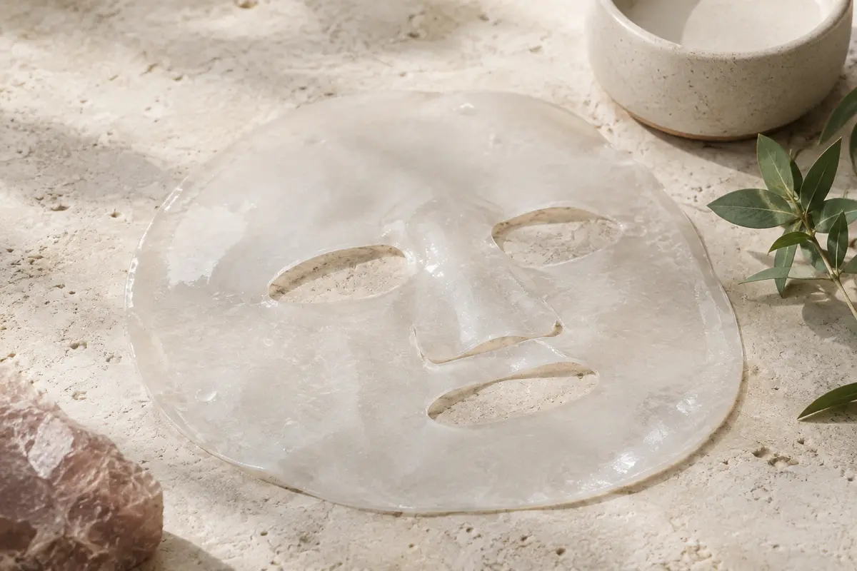 Feuille de masque visage hydrogel translucide posée sur une pierre claire près d’une céramique mate.