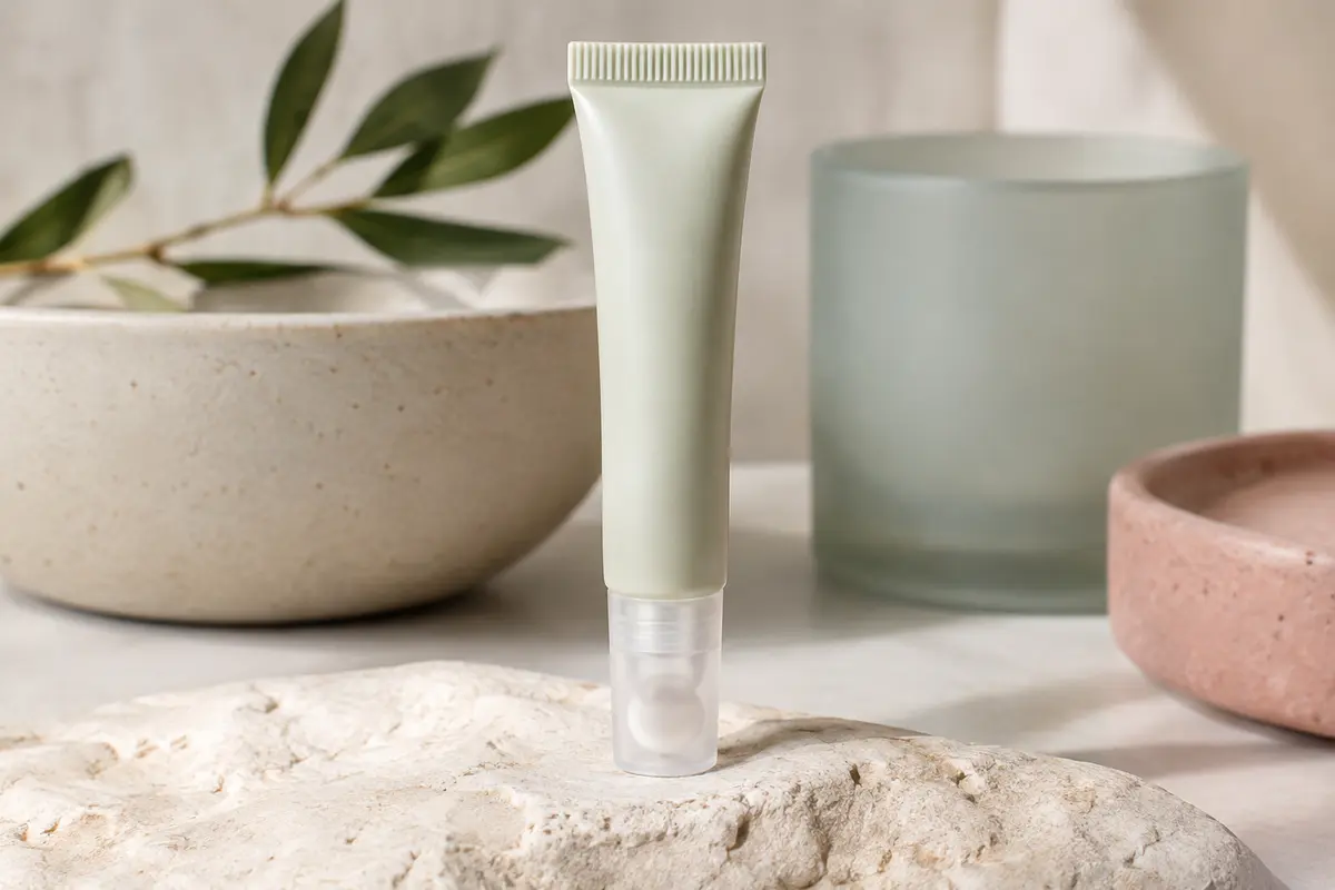 Petit conditionnement de gel contour des yeux posé sur une pierre claire, dans une lumière douce.