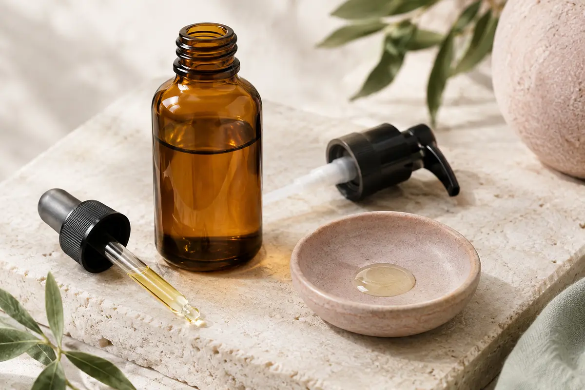 Flacon ambré d’huile de jojoba accompagné d’une pipette et d’une pompe sur une pierre claire.