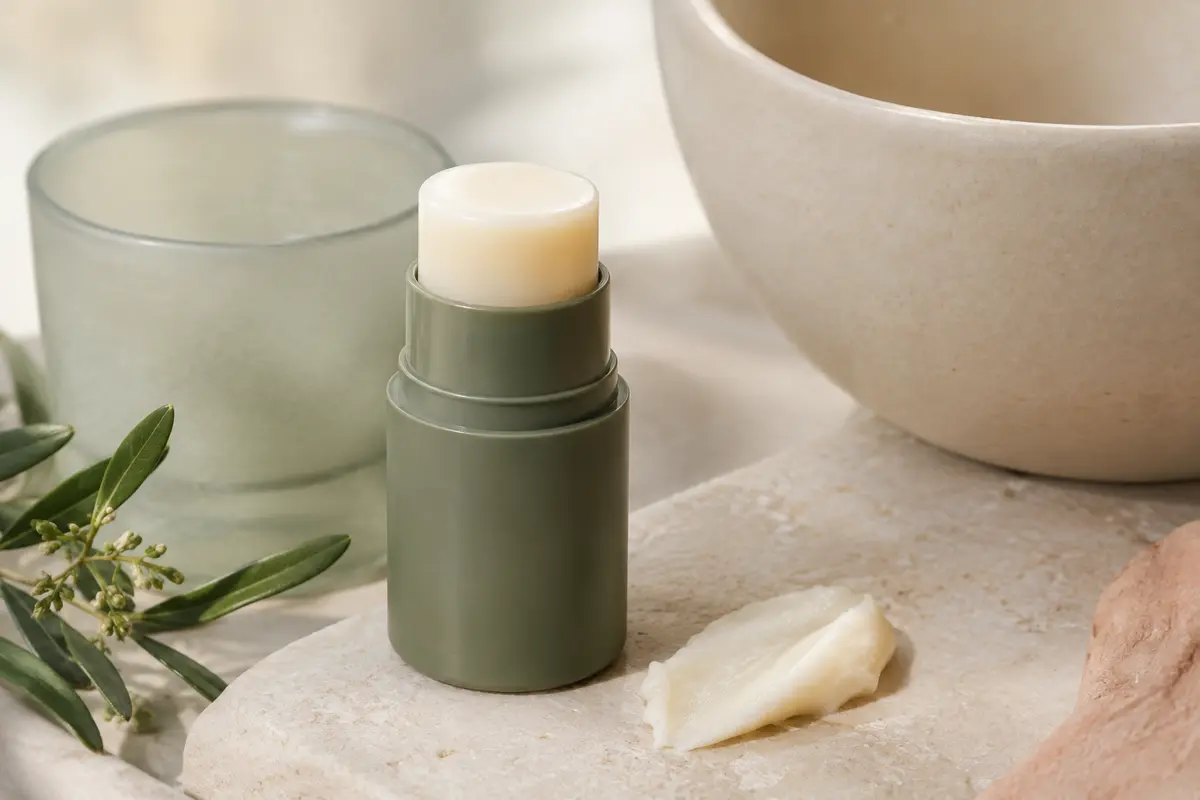 Baume démaquillant en distributeur twist-up posé sur une pierre claire avec une touche de texture crémeuse.