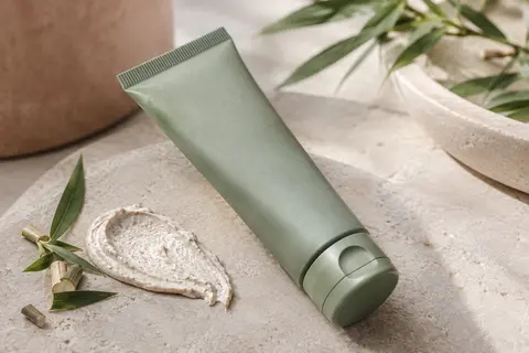 Tube de gommage visage à l’argile blanche posé sur une pierre claire avec une touche de pâte