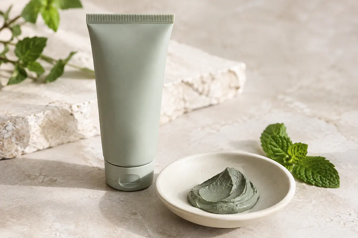 Masque visage Cattier à l’argile dans un tube sobre, avec une touche de pâte sur une coupelle claire