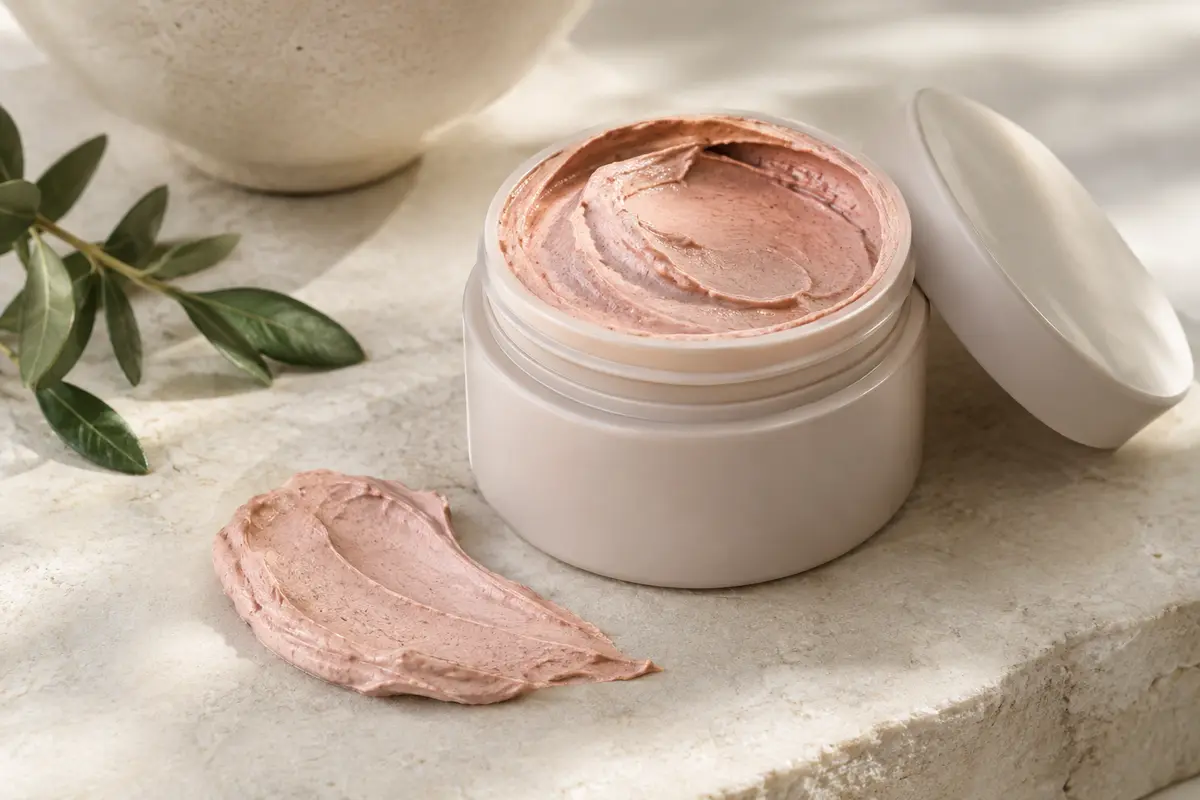 Masque visage à l’argile rose en crème posé sur une pierre claire près d’un élément de céramique mate.